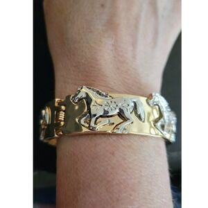 Piper K Two Tone Gold Silver Equestrian Horse Hinged Bangle Bracelet Nickel Free